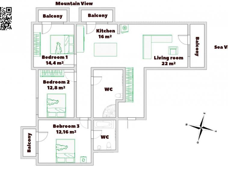 Сomfortable apartment with 3 bedrooms in Becici
